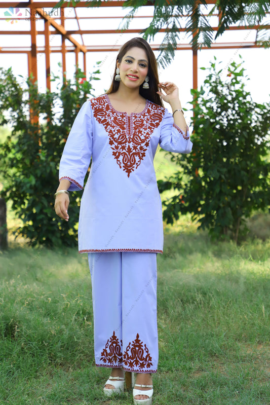 Lavender Cotton Cord Set with Maroon Floral Kashmiri Aari Embroidery
