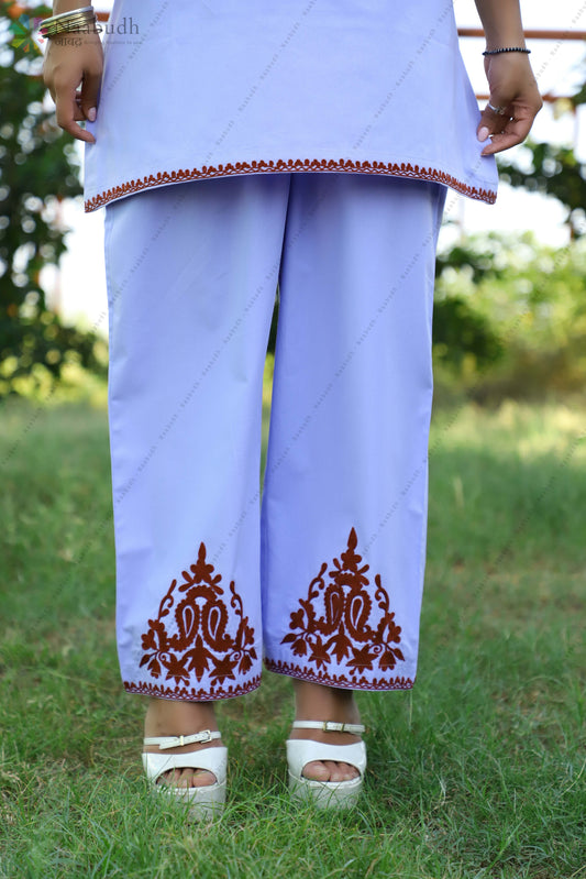 Lavender Cotton Cord Set with Maroon Floral Kashmiri Aari Embroidery