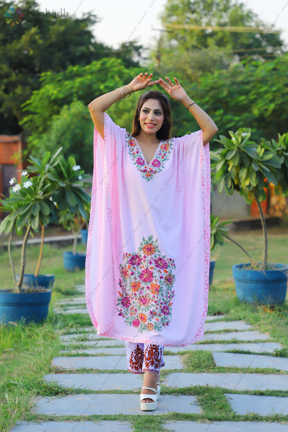 Light Pink Crushed Cotton Kaftan with Kashmiri Aari Embroidery