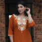 Woolen Rust Orange Long Kashmiri Kurti Cord Set With Multi Colored Embroidery