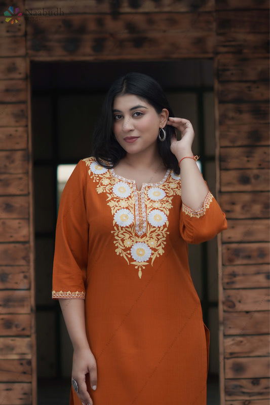 Woolen Rust Orange Long Kashmiri Kurti Cord Set With Multi Colored Embroidery