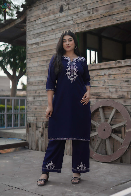Woolen Dark Blue Long Kashmiri Kurti Cord Set With Silver colored Tilla Embroidery