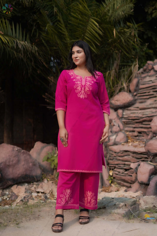 Woolen Pink Long Kashmiri Kurti Cord Set With baby Pink Colored Embroidery