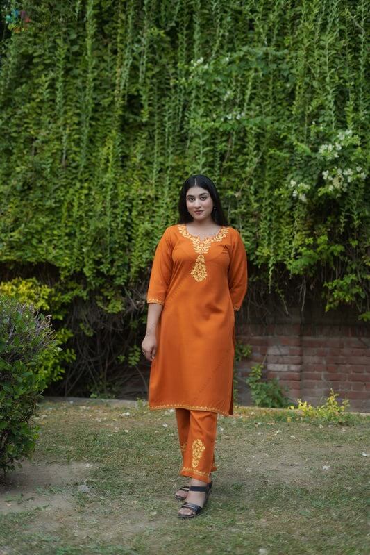 Woolen Rust Orange Long Kashmiri Kurti Cord Set With Golden Colored Embroidery