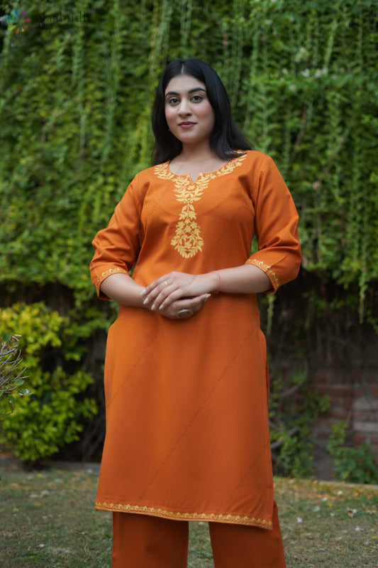 Woolen Rust Orange Long Kashmiri Kurti Cord Set With Golden Colored Embroidery