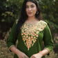 Woolen Long Green Kashmiri Kurti Cord Set With Multicolored Embroidery