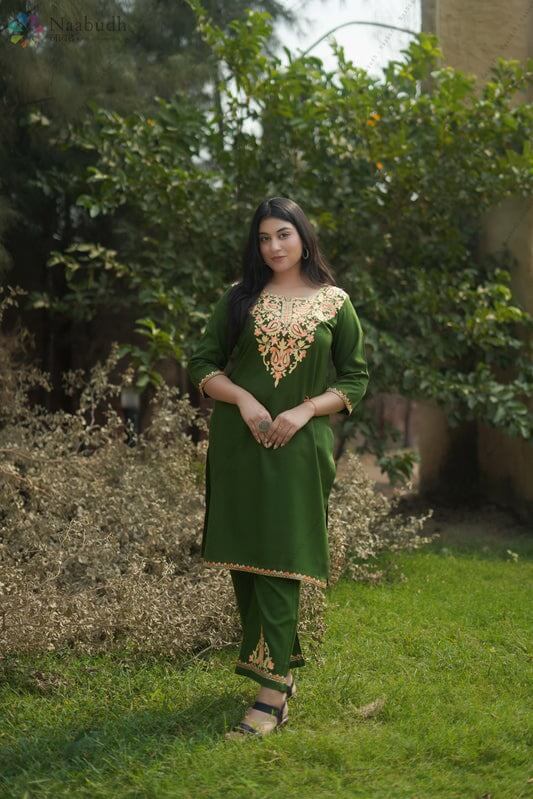 Woolen Long Green Kashmiri Kurti Cord Set With Multicolored Embroidery