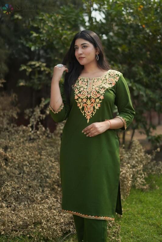 Woolen Long Green Kashmiri Kurti Cord Set With Multicolored Embroidery