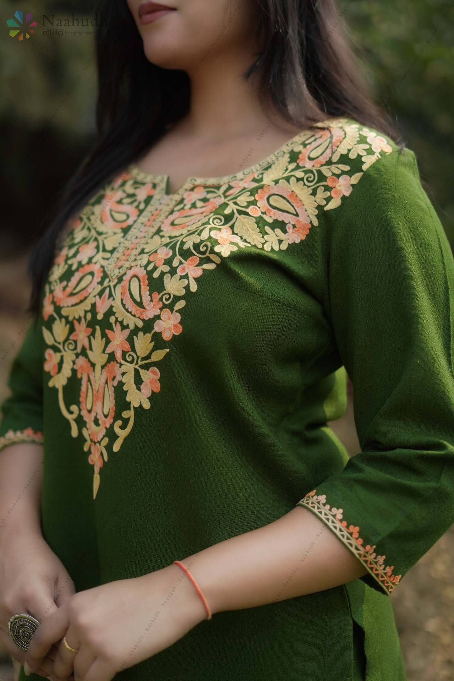 Woolen Long Green Kashmiri Kurti Cord Set With Multicolored Embroidery