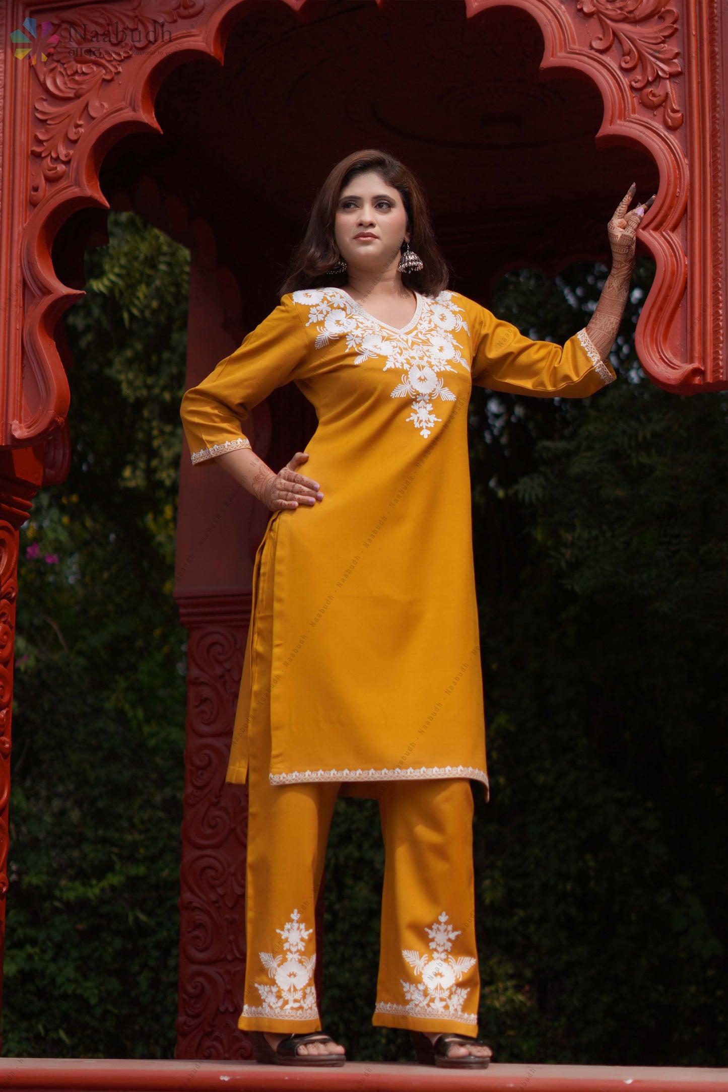 Woolen Long Mustard Kashmiri Kurti Cord set With White Cord Set Embroidery