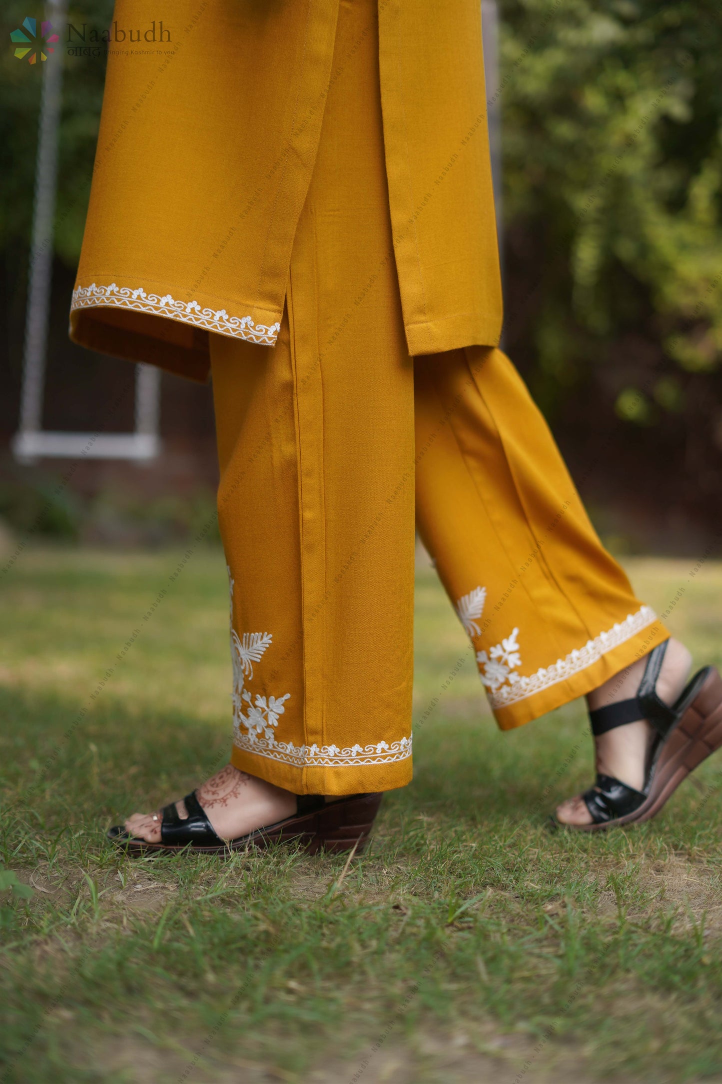 Woolen Long Mustard Kashmiri Kurti Cord set With White Cord Set Embroidery