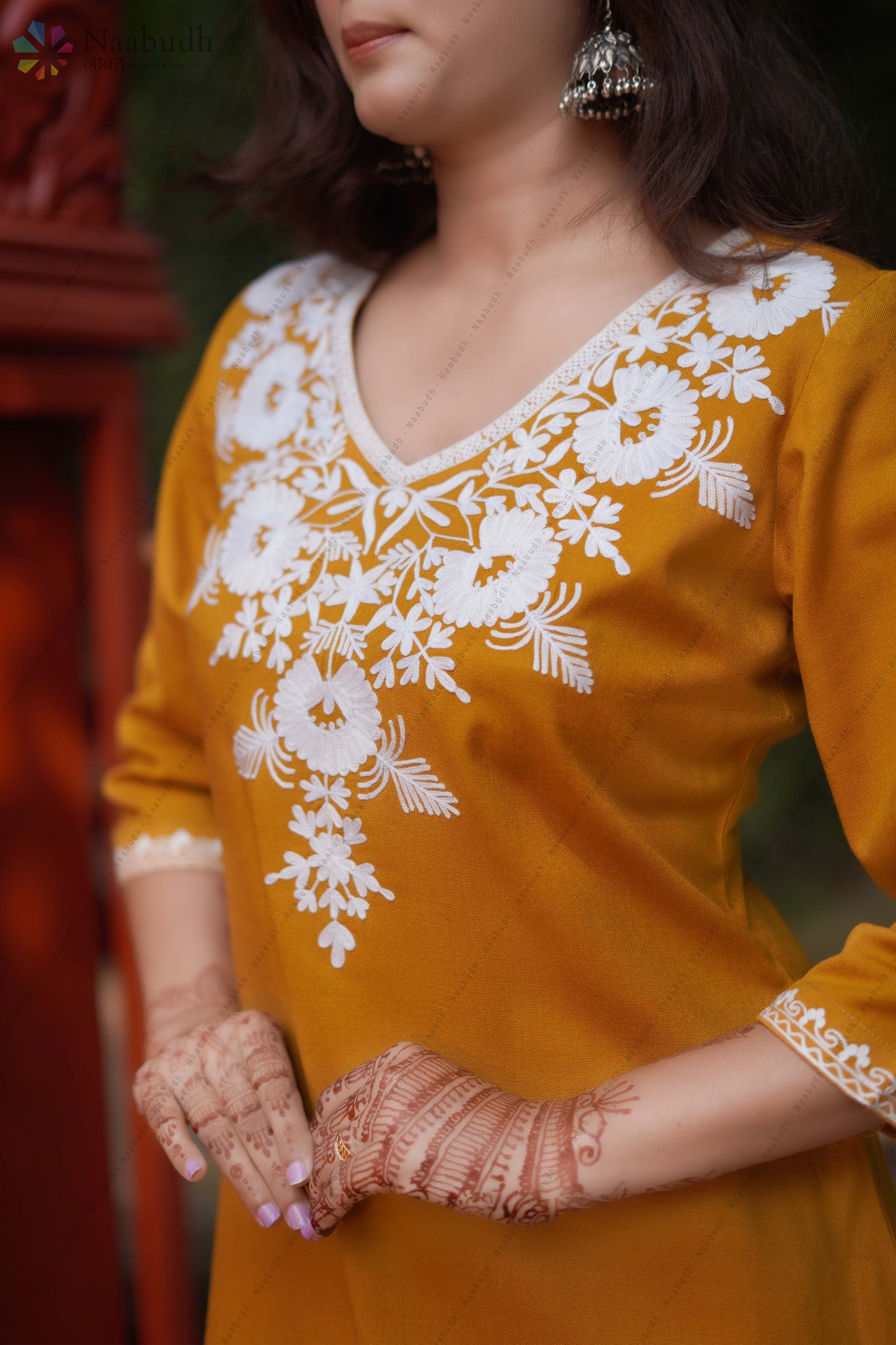 Woolen Long Mustard Kashmiri Kurti Cord set With White Cord Set Embroidery