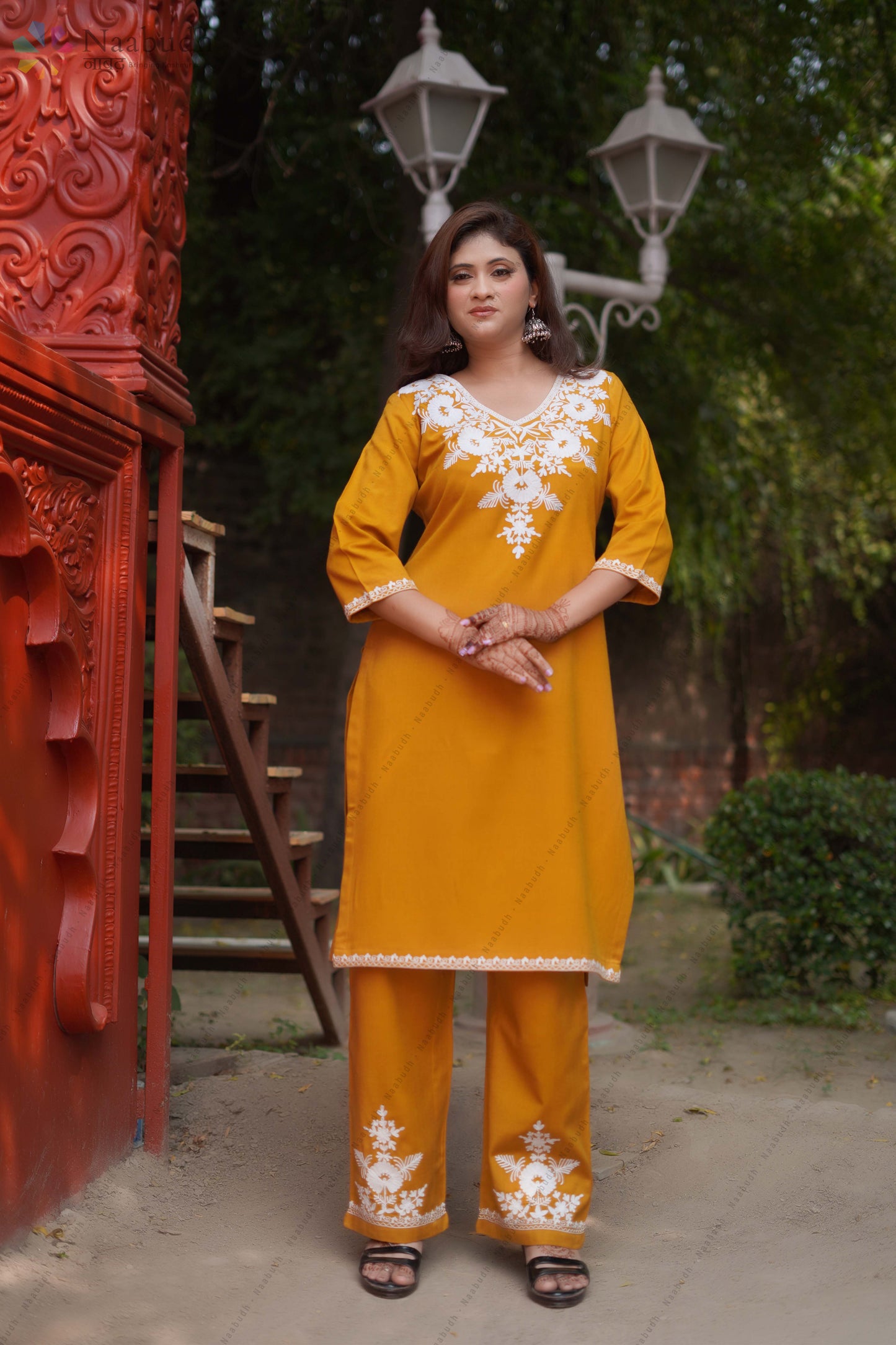 Woolen Long Mustard Kashmiri Kurti Cord set With White Cord Set Embroidery