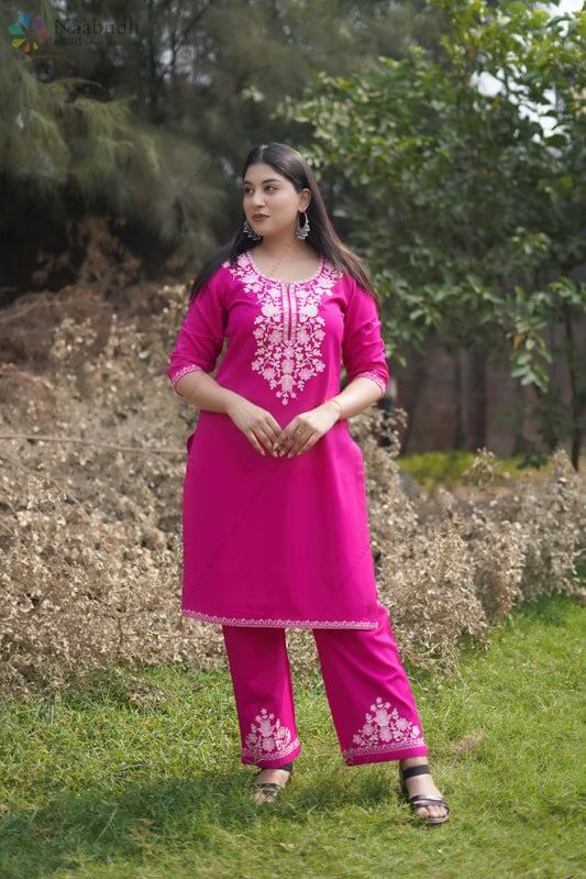 Woolen Pink Long Kashmiri Kurti Cord Set With White and light Pink Colored Embroidery