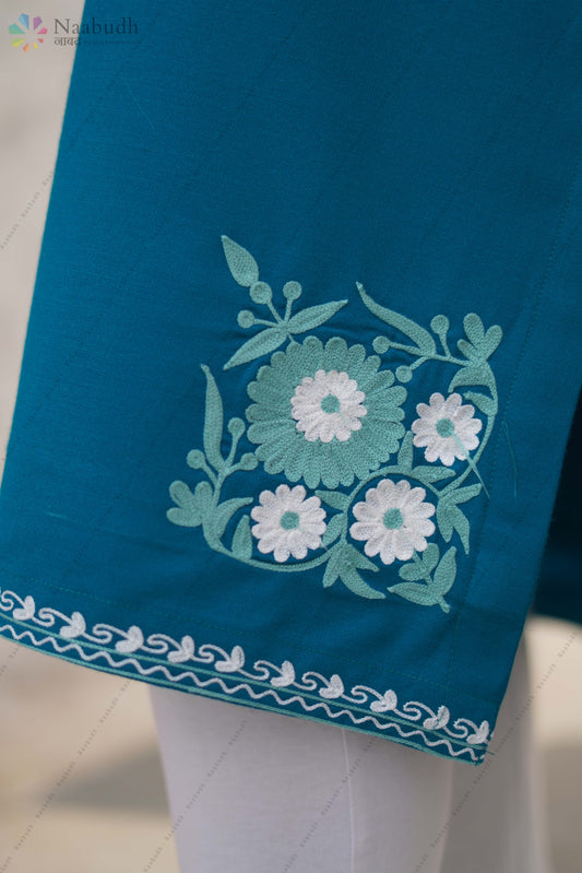 Woolen Turquoise Blue Pheran With Beautiful White and Blue Colored Embroidery