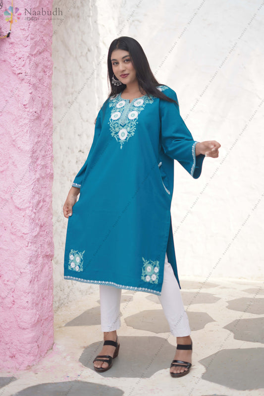 Woolen Turquoise Blue Pheran With Beautiful White and Blue Colored Embroidery