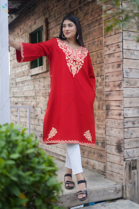 Woolen Red Kashmiri Pheran With Beautiful light Yellow Colored Embroidery