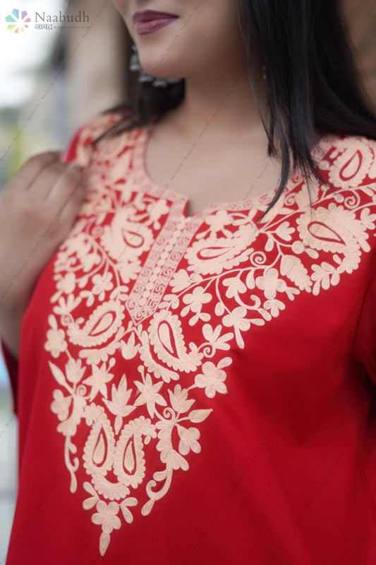 Woolen Red Kashmiri Pheran With Beautiful light Yellow Colored Embroidery