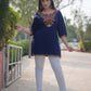Woolen Blue Short Kashmiri Kurti With Multicolored Embroidery
