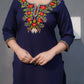 Woolen Blue Short Kashmiri Kurti With Multicolored Embroidery