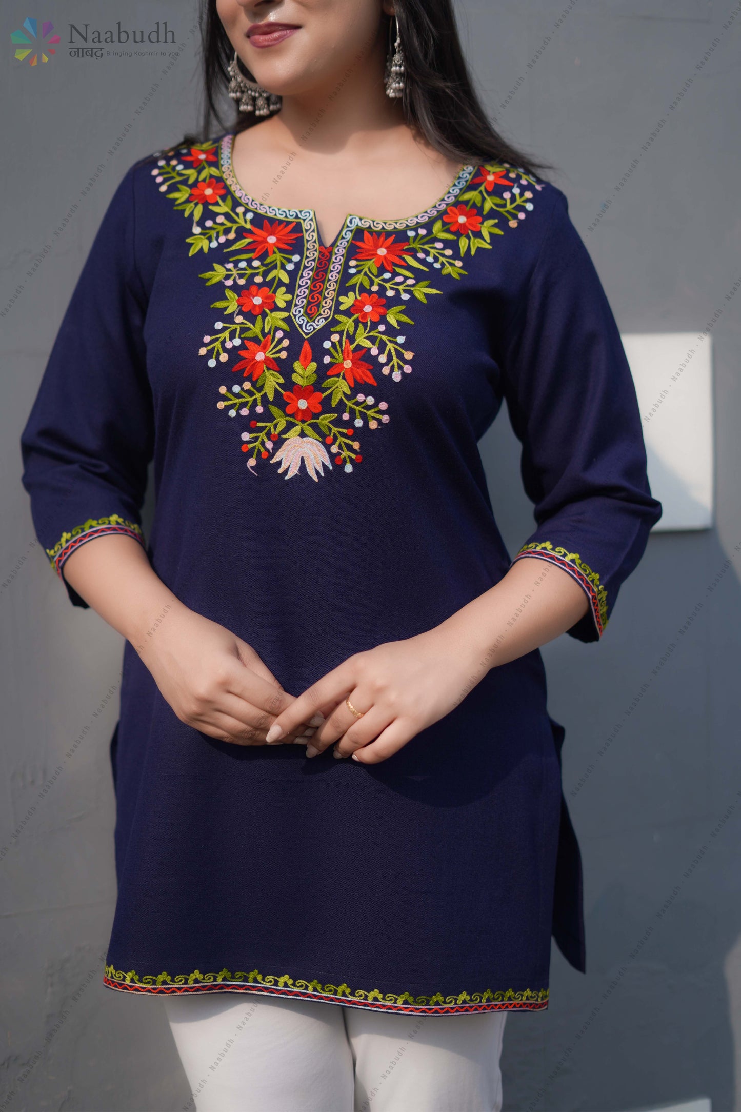 Woolen Blue Short Kashmiri Kurti With Multicolored Embroidery