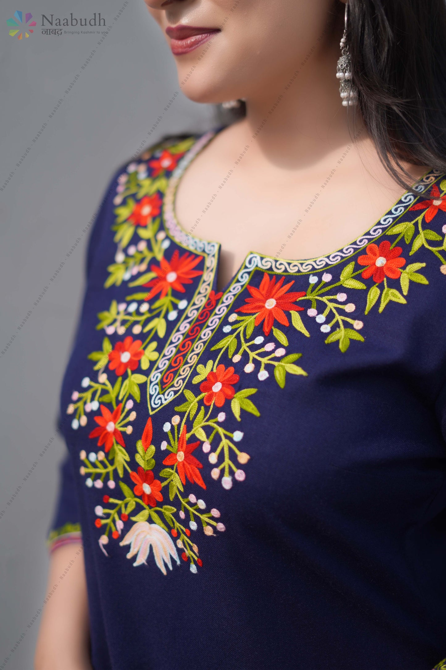 Woolen Blue Short Kashmiri Kurti With Multicolored Embroidery