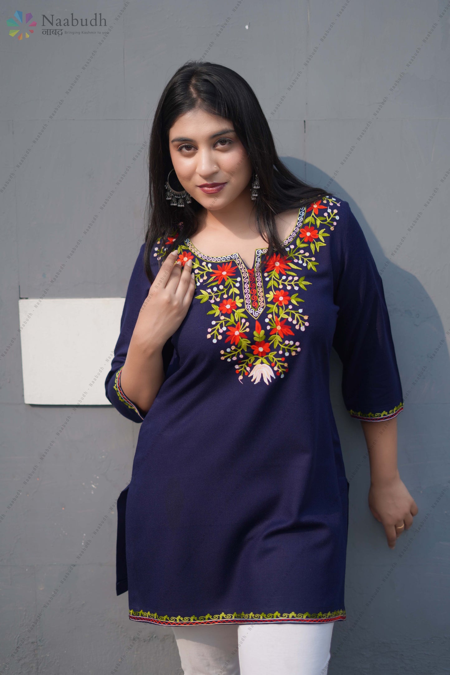 Woolen Blue Short Kashmiri Kurti With Multicolored Embroidery