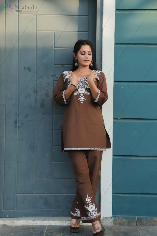 Coffee Brown Cotton Kashmiri Cord Set with White Embroidery