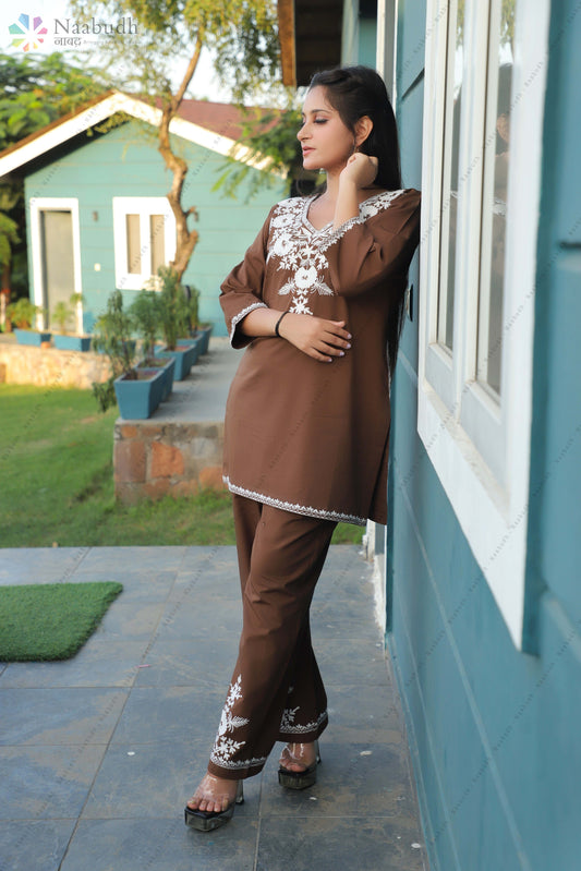 Coffee Brown Cotton Kashmiri Cord Set with White Embroidery