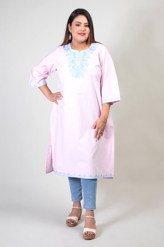 Baby Pink Kashmiri Summer Kurti with Sky Blue Floral Aari Embroidery