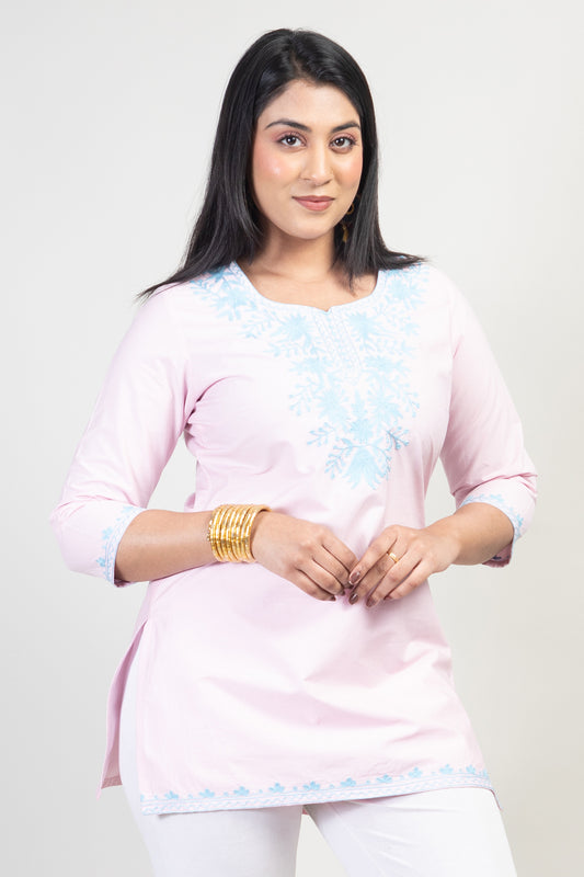 Aari Embroidered Short Summer Cotton Kashmiri Kurti in Baby Pink Color