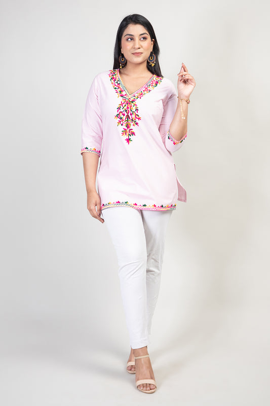 Baby Pink Summer Cool Cotton Kurti with Multicolor Kashmiri Aari Work