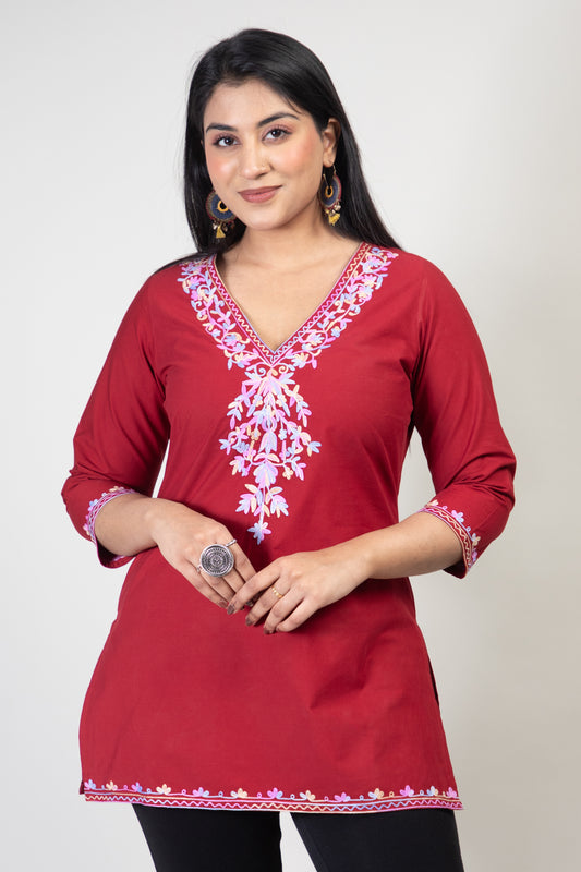 Wine Coloured Premium Kashmiri Short cotton Kurti Styled with Front V-Neck Design and graced with Light-multi-colour Floral Aari Work embroidery