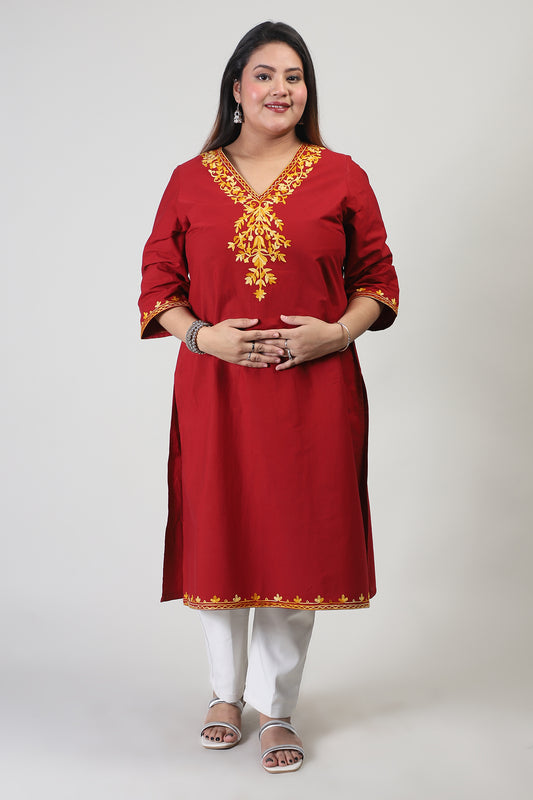 Red Cotton Kurti with Orange Floral Kashmiri Aari Work
