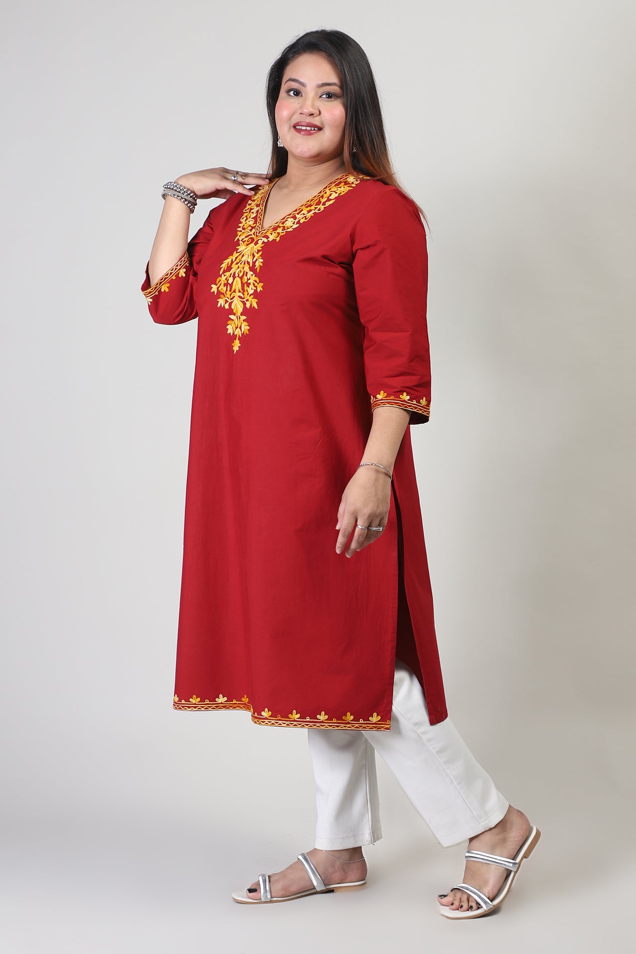 Red Cotton Kurti with Orange Floral Kashmiri Aari Work