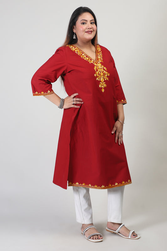 Red Cotton Kurti with Orange Floral Kashmiri Aari Work