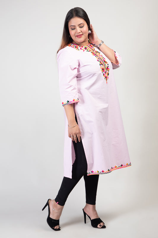 Baby Pink Long Cotton Kashmiri Kurti with Multicolor Aari Embroidery