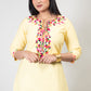 Yellow Premium Kashmiri Short cotton Kurti Styled with small U-slit cut at front and graced with Multi colour Floral Aari Work embroidery
