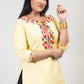 Yellow Premium Kashmiri Short cotton Kurti Styled with small U-slit cut at front and graced with Multi colour Floral Aari Work embroidery