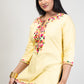 Yellow Premium Kashmiri Short cotton Kurti Styled with small U-slit cut at front and graced with Multi colour Floral Aari Work embroidery