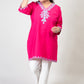 Dark Pink Premium Kashmiri Short cotton Kurti Styled with V-Neck cut at front and graced with Light Blue colour Floral Aari Work Embroidery