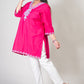 Dark Pink Premium Kashmiri Short cotton Kurti Styled with V-Neck cut at front and graced with Light Blue colour Floral Aari Work Embroidery