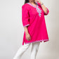 Dark Pink Premium Kashmiri Short cotton Kurti Styled with V-Neck cut at front and graced with Light Blue colour Floral Aari Work Embroidery