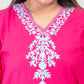 Dark Pink Premium Kashmiri Short cotton Kurti Styled with V-Neck cut at front and graced with Light Blue colour Floral Aari Work Embroidery