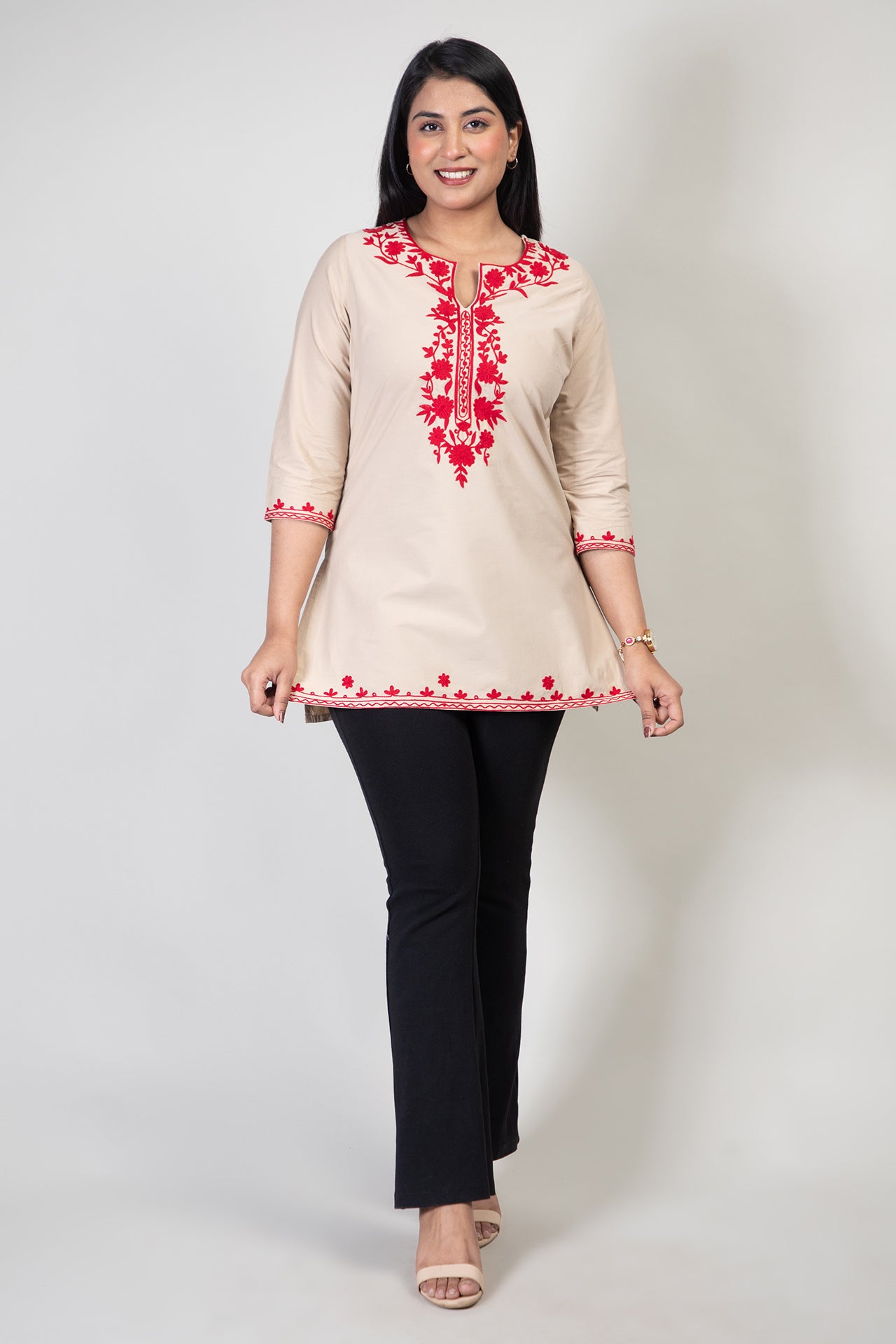 Sand Brown Premium Kashmiri Short cotton Kurti Styled with small U-slit cut at front and graced with Dark Red colour Floral Aari Work embroidery
