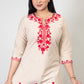 Sand Brown Premium Kashmiri Short cotton Kurti Styled with small U-slit cut at front and graced with Dark Red colour Floral Aari Work embroidery