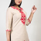 Sand Brown Premium Kashmiri Short cotton Kurti Styled with small U-slit cut at front and graced with Dark Red colour Floral Aari Work embroidery
