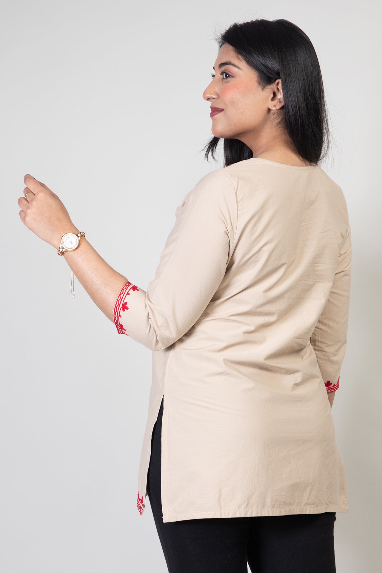 Sand Brown Premium Kashmiri Short cotton Kurti Styled with small U-slit cut at front and graced with Dark Red colour Floral Aari Work embroidery