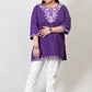 Purple Coloured Premium Kashmiri Short cotton Kurti Styled with small V-slit cut at Front and graced with light Multi Colour Floral Aari Work embroidery