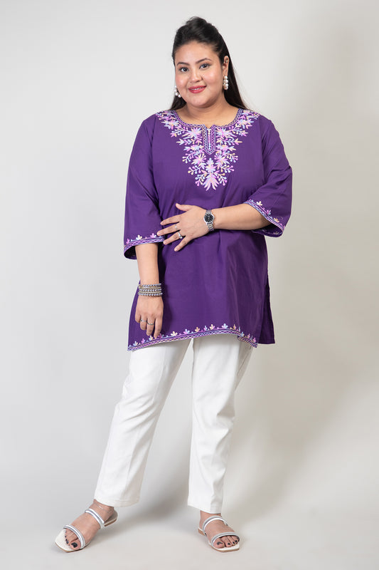 Purple Coloured Premium Kashmiri Short cotton Kurti Styled with small V-slit cut at Front and graced with light Multi Colour Floral Aari Work embroidery